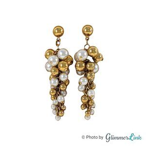 Vintage Two Tone Faux Pearl Grapevine Cluster Dangle Gold Tone Pierced Earrings